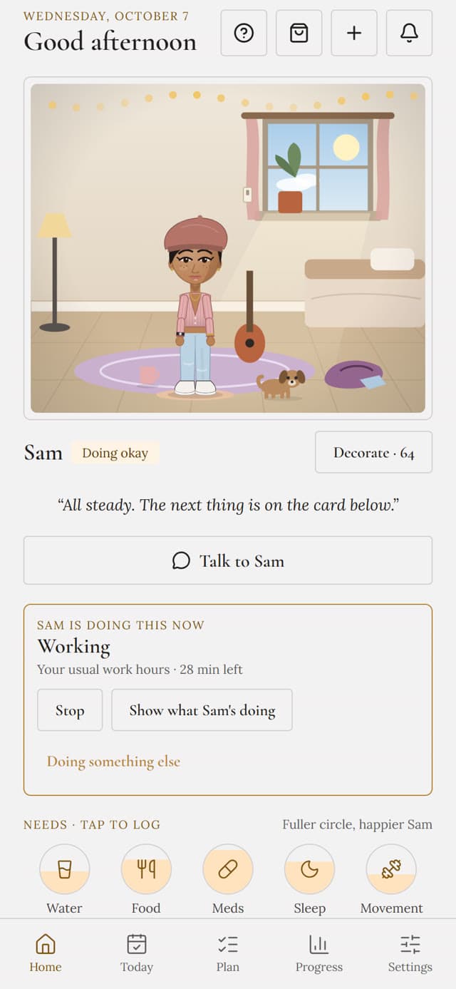 Tend's home screen: the companion in their room, with needs like water, food and meds below